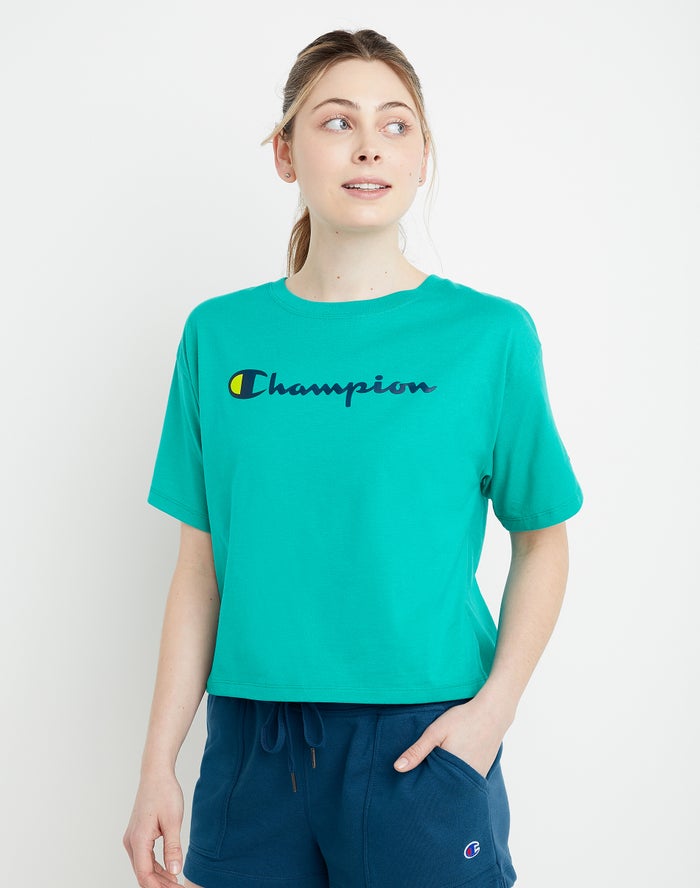 Champion Cropped Script Logo T-Shirt Dames - Turquoise - Belgie 6539NGMOR